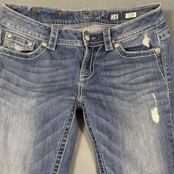 Miss Me Boot Womens 28 Embellished Fleur De Lis  Jeans THICK STITCH WHISKERING - Picture 5 of 10